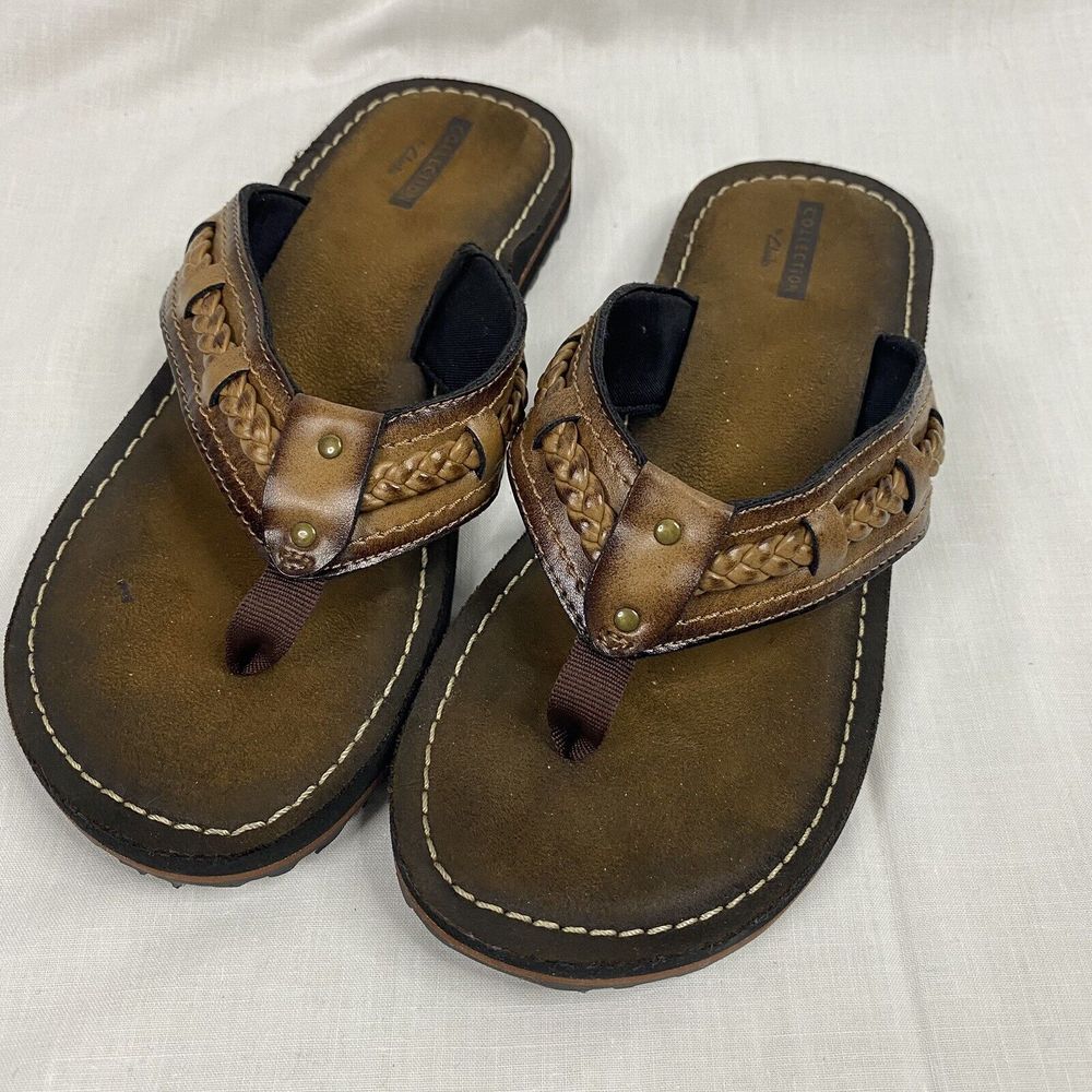 Clarks Flip Flops Fenner Nerice Sandals Brown Leather Summer Casual 6M